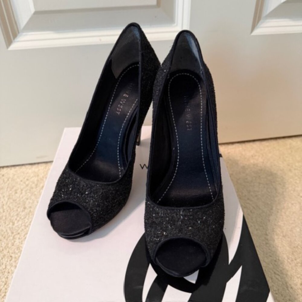 Nine West Escher Black Glitter Peep Toe Heels Size 5.5 Stiletto Pumps